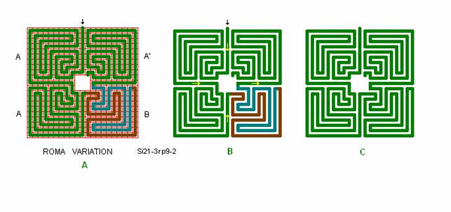 Tegning af Roma-Piadena labyrint ndret til AABA' form