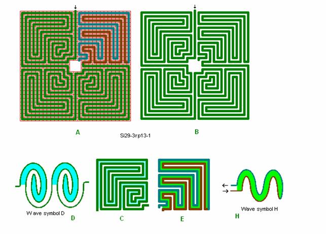 Tegning af 1 stk. 29 kvadrat labyrint samt dets blgeanalyse