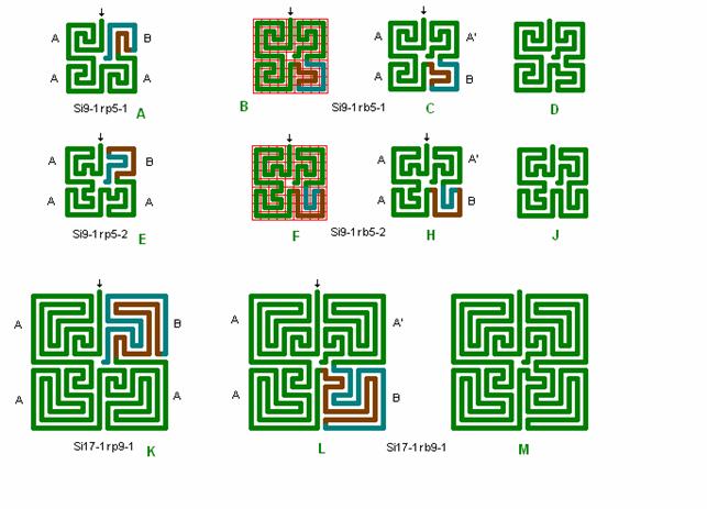 Tegning af 2 stk 9 kvadrat og 1 stk. 17 kvadrat labyrint ndret til AABA' form