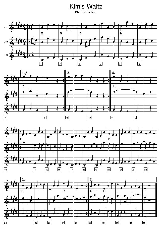Kim's Waltz, music notes Bb2; CLICK TO MAIN PAGE